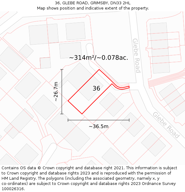 36, GLEBE ROAD, GRIMSBY, DN33 2HL: Plot and title map