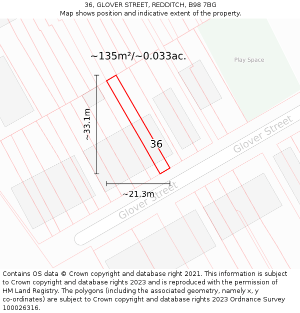 36, GLOVER STREET, REDDITCH, B98 7BG: Plot and title map