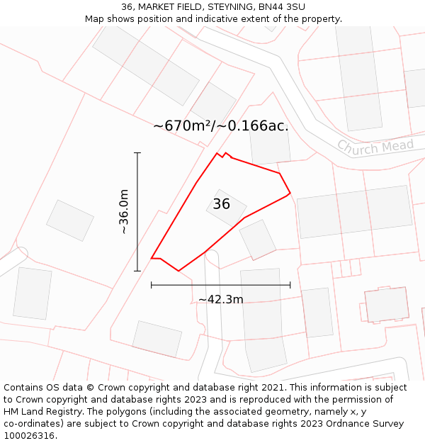 36, MARKET FIELD, STEYNING, BN44 3SU: Plot and title map