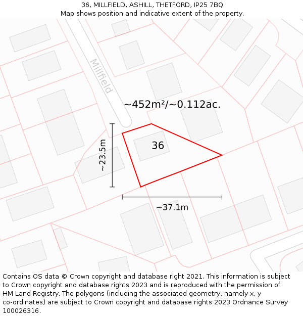 36, MILLFIELD, ASHILL, THETFORD, IP25 7BQ: Plot and title map
