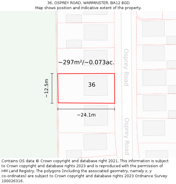 36, OSPREY ROAD, WARMINSTER, BA12 8GD: Plot and title map