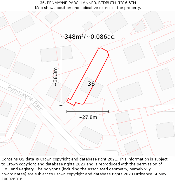36, PENMAYNE PARC, LANNER, REDRUTH, TR16 5TN: Plot and title map