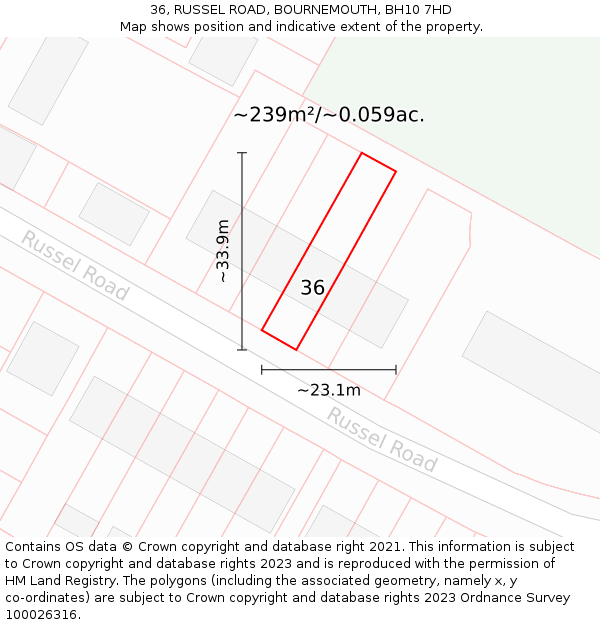 36, RUSSEL ROAD, BOURNEMOUTH, BH10 7HD: Plot and title map