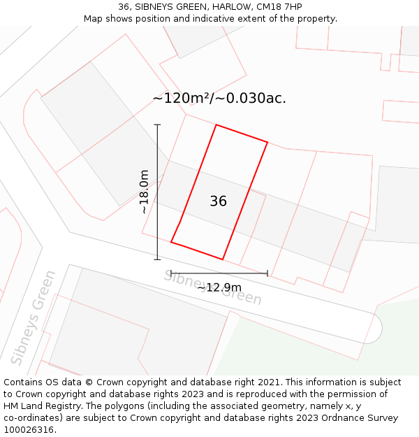 36, SIBNEYS GREEN, HARLOW, CM18 7HP: Plot and title map