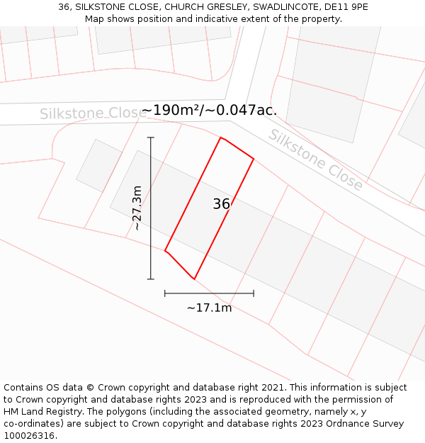 36, SILKSTONE CLOSE, CHURCH GRESLEY, SWADLINCOTE, DE11 9PE: Plot and title map