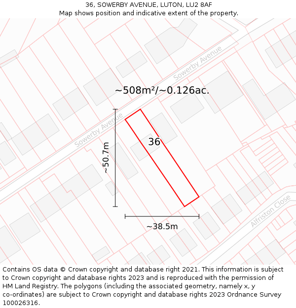 36, SOWERBY AVENUE, LUTON, LU2 8AF: Plot and title map
