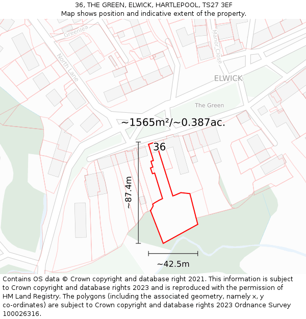 36, THE GREEN, ELWICK, HARTLEPOOL, TS27 3EF: Plot and title map