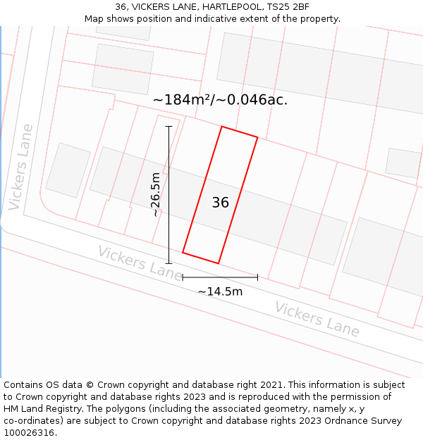 36, VICKERS LANE, HARTLEPOOL, TS25 2BF: Plot and title map