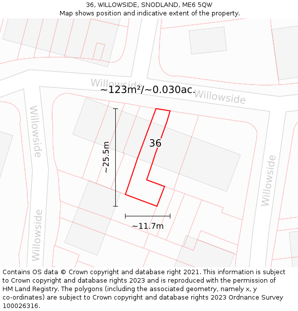36, WILLOWSIDE, SNODLAND, ME6 5QW: Plot and title map