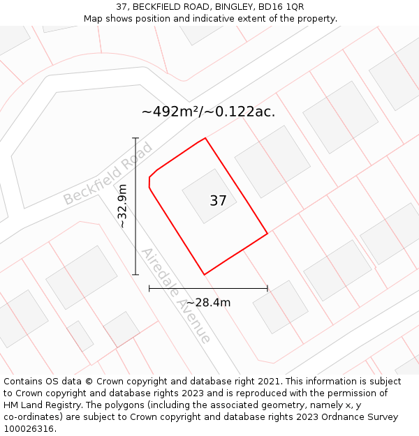 37, BECKFIELD ROAD, BINGLEY, BD16 1QR: Plot and title map