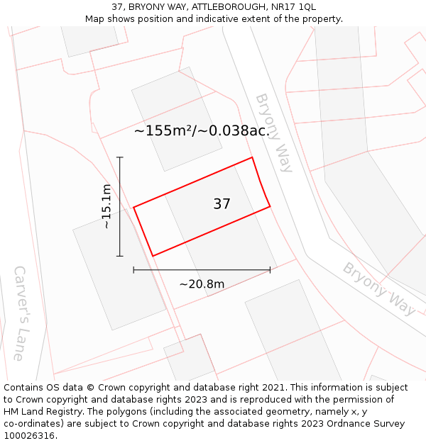 37, BRYONY WAY, ATTLEBOROUGH, NR17 1QL: Plot and title map