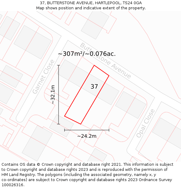 37, BUTTERSTONE AVENUE, HARTLEPOOL, TS24 0GA: Plot and title map