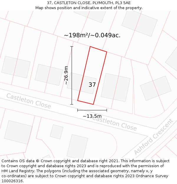 37, CASTLETON CLOSE, PLYMOUTH, PL3 5AE: Plot and title map