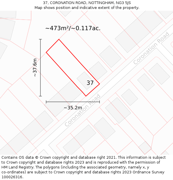 37, CORONATION ROAD, NOTTINGHAM, NG3 5JS: Plot and title map