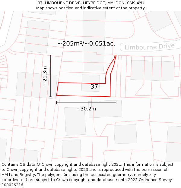 37, LIMBOURNE DRIVE, HEYBRIDGE, MALDON, CM9 4YU: Plot and title map