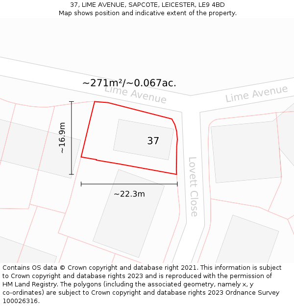 37, LIME AVENUE, SAPCOTE, LEICESTER, LE9 4BD: Plot and title map