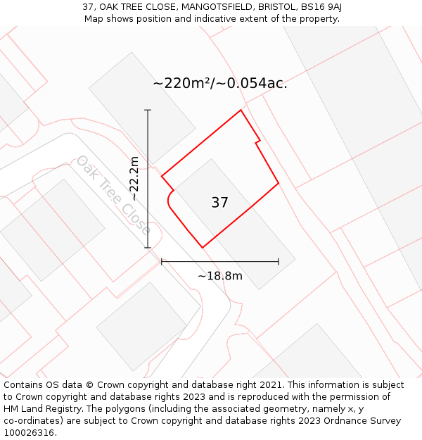 37, OAK TREE CLOSE, MANGOTSFIELD, BRISTOL, BS16 9AJ: Plot and title map