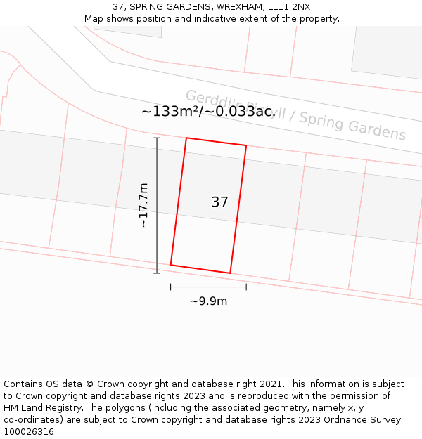 37, SPRING GARDENS, WREXHAM, LL11 2NX: Plot and title map