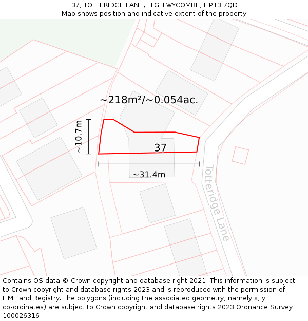 37, TOTTERIDGE LANE, HIGH WYCOMBE, HP13 7QD: Plot and title map