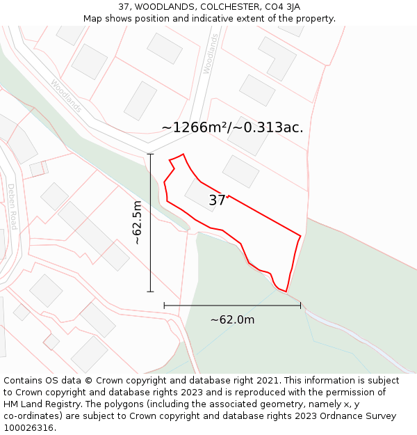 37, WOODLANDS, COLCHESTER, CO4 3JA: Plot and title map