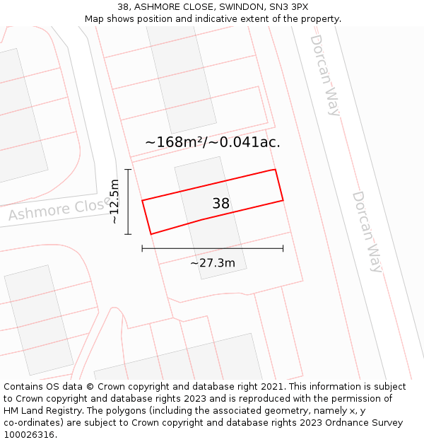 38, ASHMORE CLOSE, SWINDON, SN3 3PX: Plot and title map