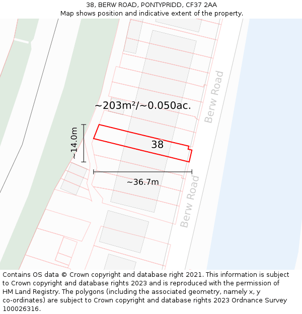 38, BERW ROAD, PONTYPRIDD, CF37 2AA: Plot and title map