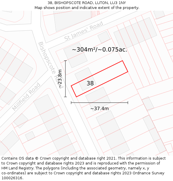 38, BISHOPSCOTE ROAD, LUTON, LU3 1NY: Plot and title map