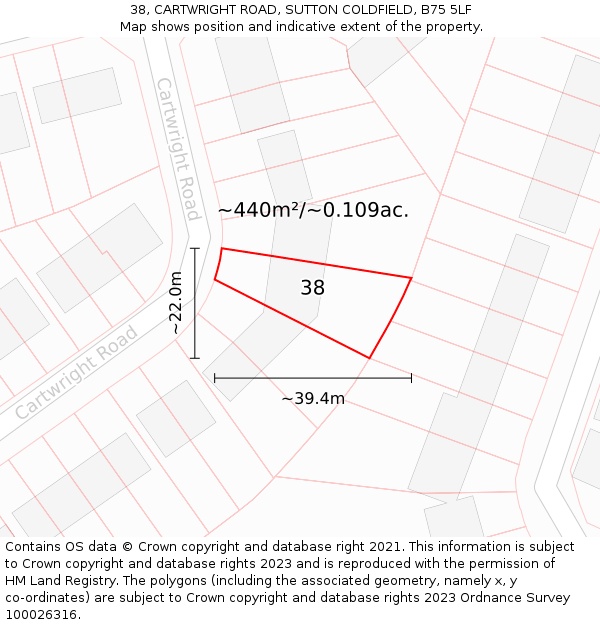38, CARTWRIGHT ROAD, SUTTON COLDFIELD, B75 5LF: Plot and title map