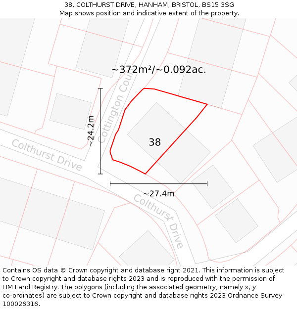38, COLTHURST DRIVE, HANHAM, BRISTOL, BS15 3SG: Plot and title map