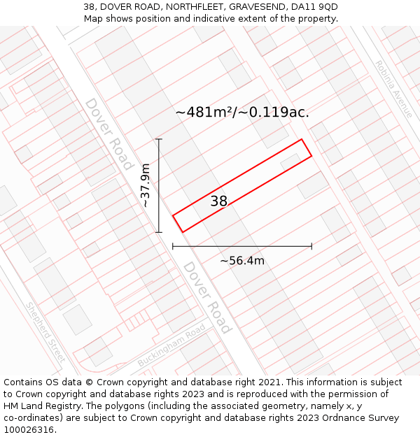 38, DOVER ROAD, NORTHFLEET, GRAVESEND, DA11 9QD: Plot and title map