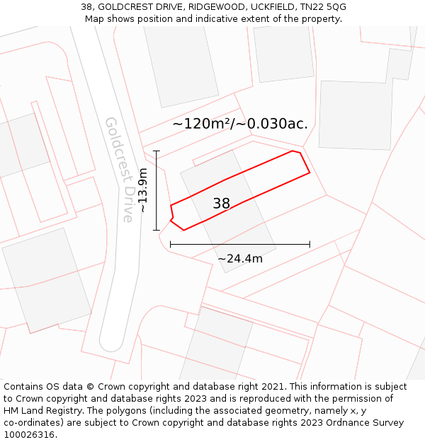 38, GOLDCREST DRIVE, RIDGEWOOD, UCKFIELD, TN22 5QG: Plot and title map