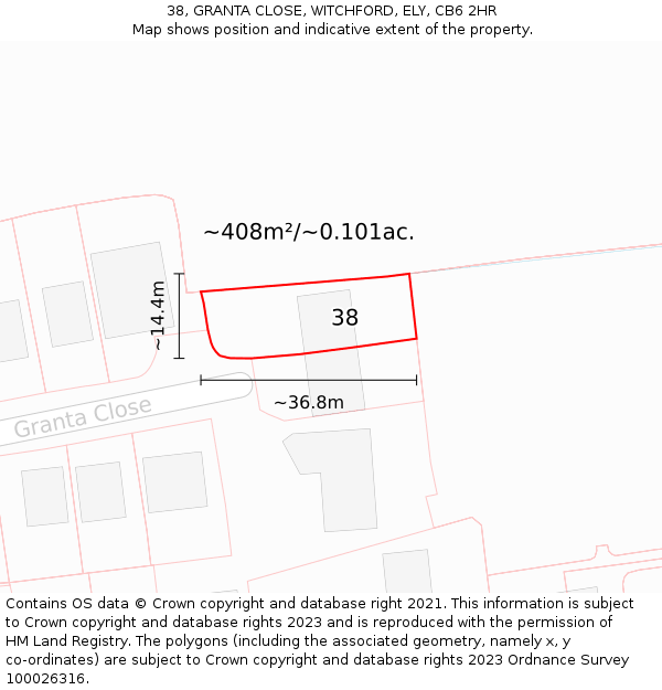 38, GRANTA CLOSE, WITCHFORD, ELY, CB6 2HR: Plot and title map