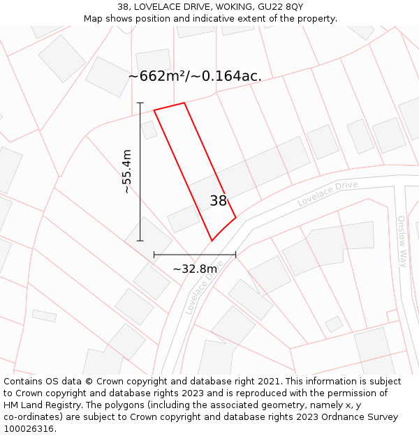 38, LOVELACE DRIVE, WOKING, GU22 8QY: Plot and title map