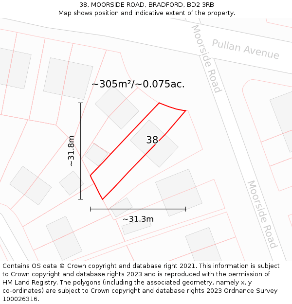 38, MOORSIDE ROAD, BRADFORD, BD2 3RB: Plot and title map