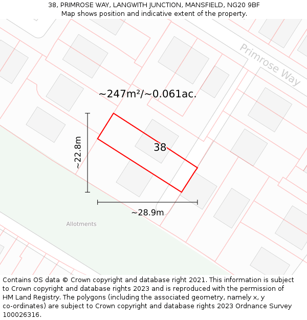 38, PRIMROSE WAY, LANGWITH JUNCTION, MANSFIELD, NG20 9BF: Plot and title map