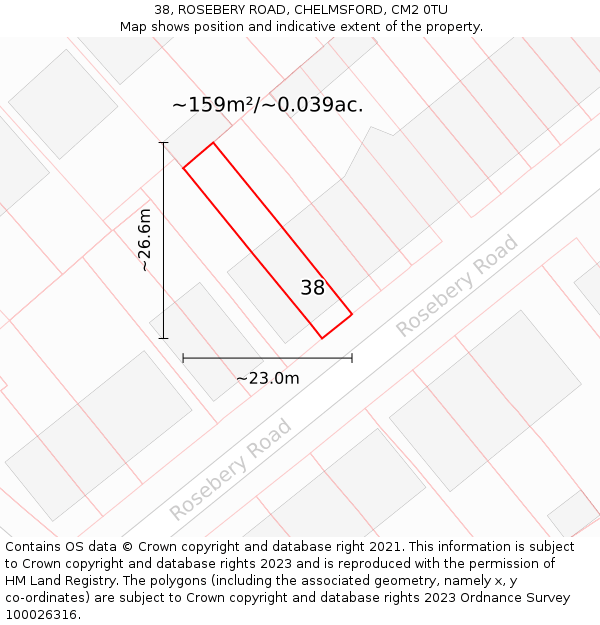 38, ROSEBERY ROAD, CHELMSFORD, CM2 0TU: Plot and title map