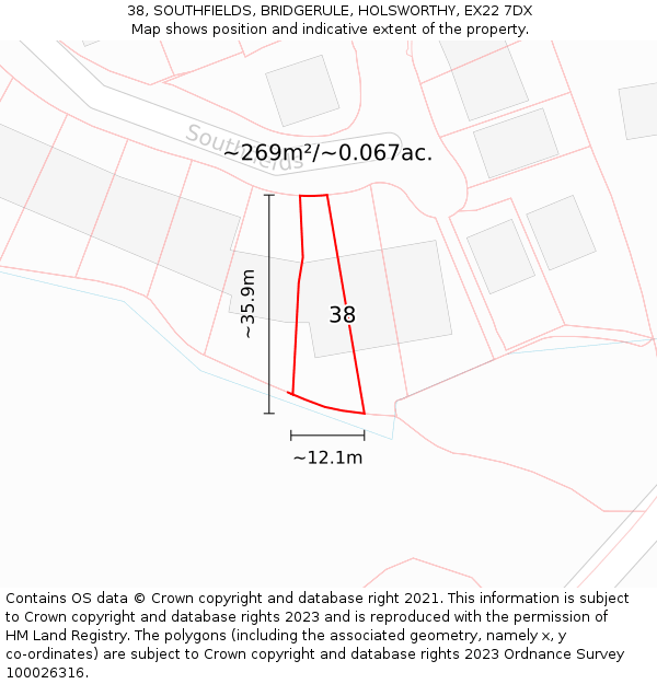 38, SOUTHFIELDS, BRIDGERULE, HOLSWORTHY, EX22 7DX: Plot and title map