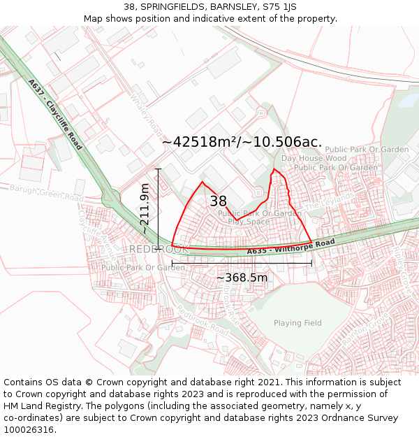 38, SPRINGFIELDS, BARNSLEY, S75 1JS: Plot and title map