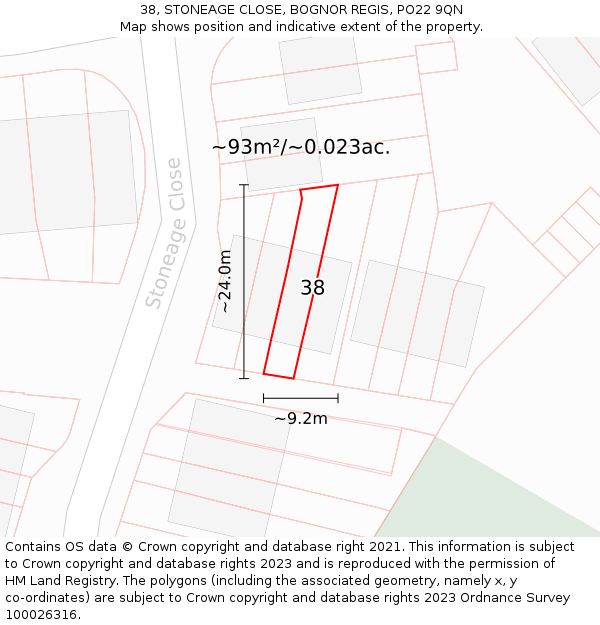 38, STONEAGE CLOSE, BOGNOR REGIS, PO22 9QN: Plot and title map
