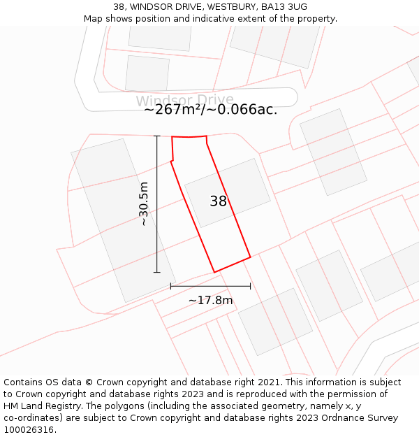 38, WINDSOR DRIVE, WESTBURY, BA13 3UG: Plot and title map