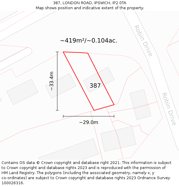 387, LONDON ROAD, IPSWICH, IP2 0TA: Plot and title map