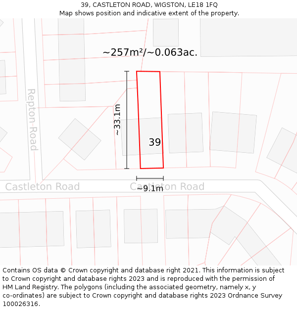 39, CASTLETON ROAD, WIGSTON, LE18 1FQ: Plot and title map