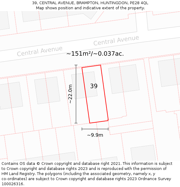 39, CENTRAL AVENUE, BRAMPTON, HUNTINGDON, PE28 4QL: Plot and title map