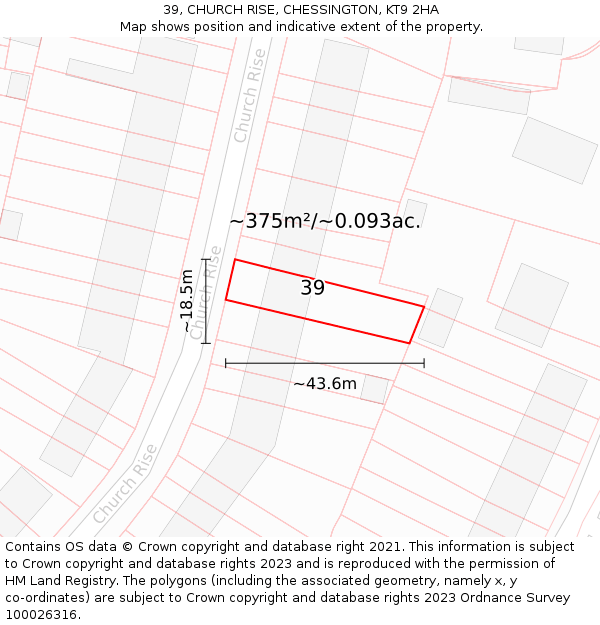 39, CHURCH RISE, CHESSINGTON, KT9 2HA: Plot and title map