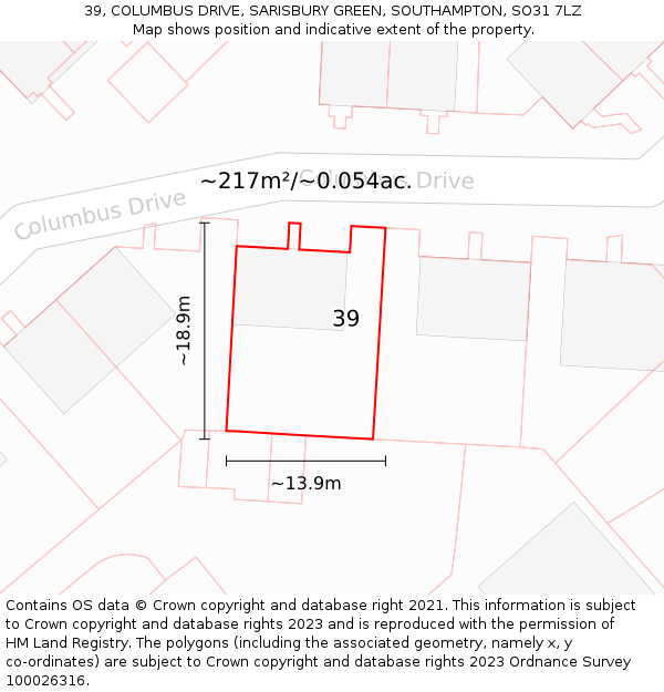 39, COLUMBUS DRIVE, SARISBURY GREEN, SOUTHAMPTON, SO31 7LZ: Plot and title map