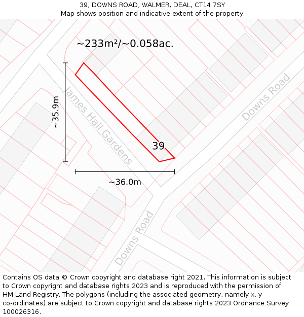 39, DOWNS ROAD, WALMER, DEAL, CT14 7SY: Plot and title map