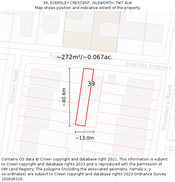 39, EVERSLEY CRESCENT, ISLEWORTH, TW7 4LW: Plot and title map