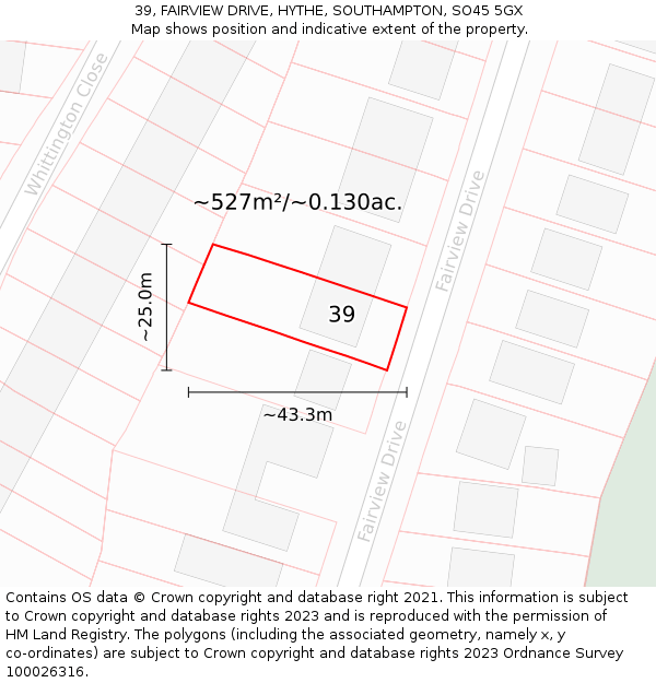 39, FAIRVIEW DRIVE, HYTHE, SOUTHAMPTON, SO45 5GX: Plot and title map