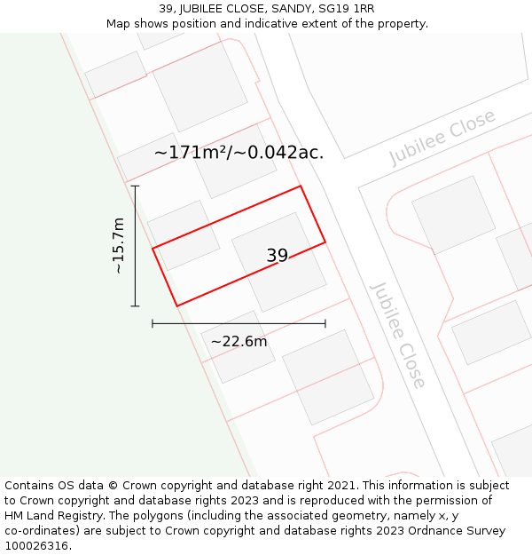 39, JUBILEE CLOSE, SANDY, SG19 1RR: Plot and title map