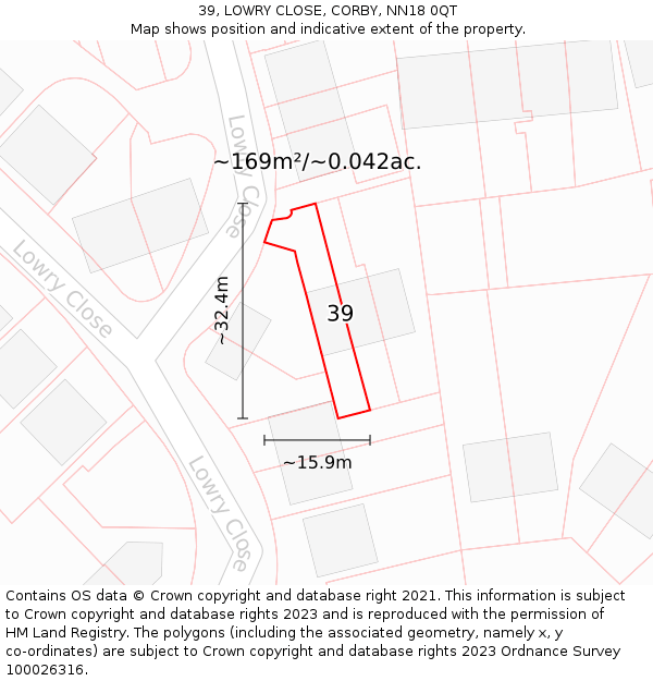 39, LOWRY CLOSE, CORBY, NN18 0QT: Plot and title map